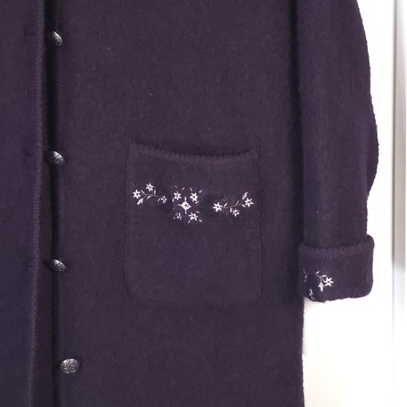 Lindor 100% Wool Long Cardigan Coat Purple Embroidered Size L Jacket Boiled Wool - Picture 4 of 11